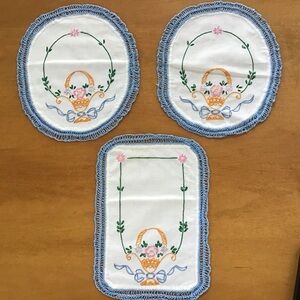 Vintage Embroidered Linen Doilies with Blue Crochet Trim (Set of 3)